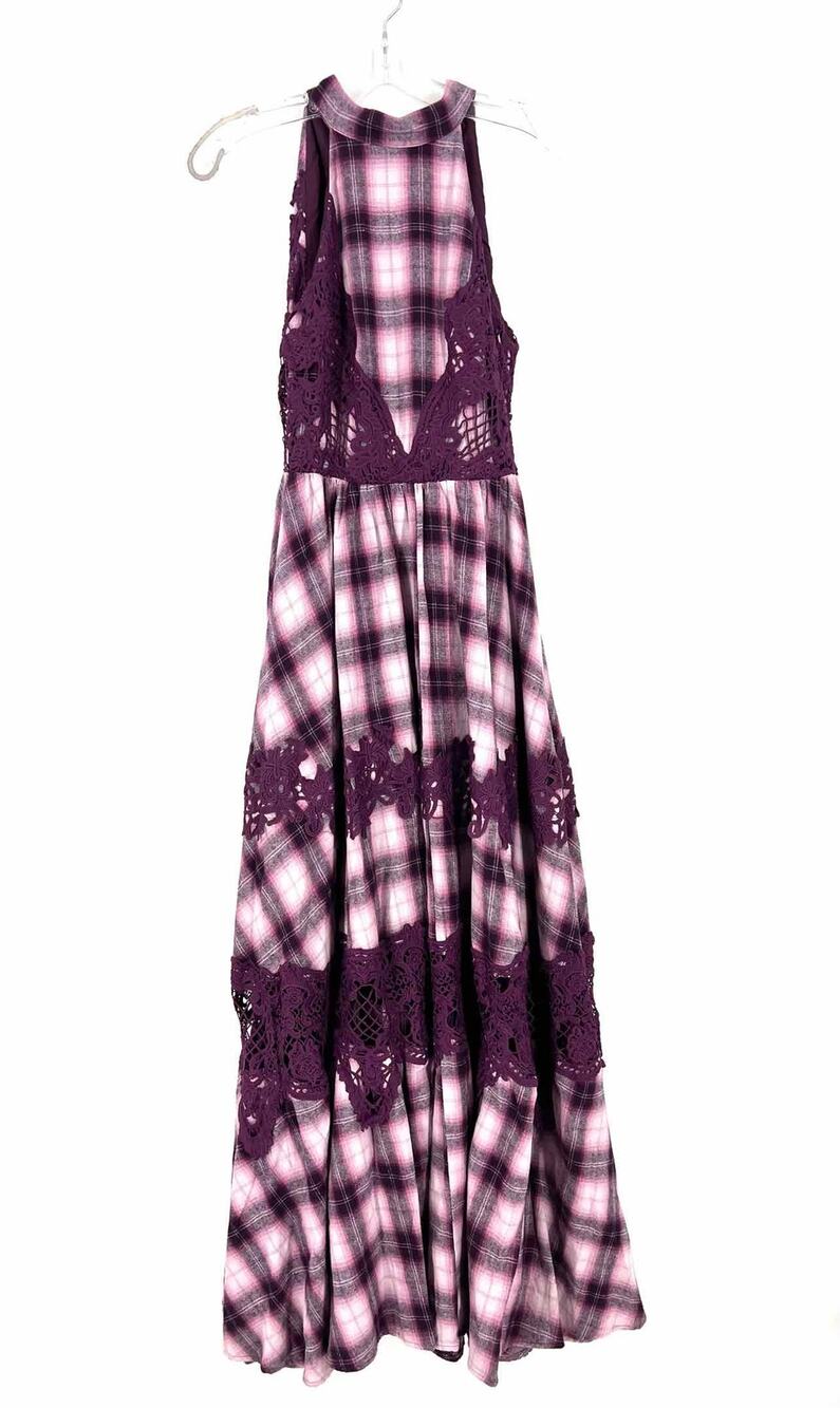 Mia Joy Size XS Pu/Pk/Bk Plaid Crochet NEW Designer Dress Maxi